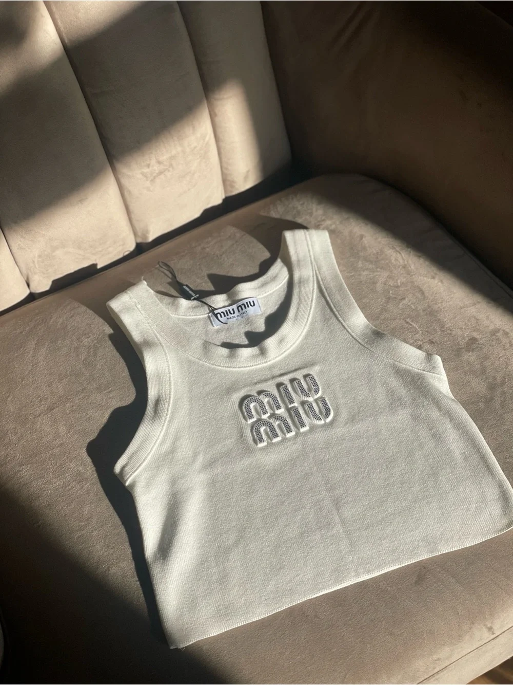 Miu Miu Ribbed Rhinestone-Embellished Crop Tank - Picture 1 of 12